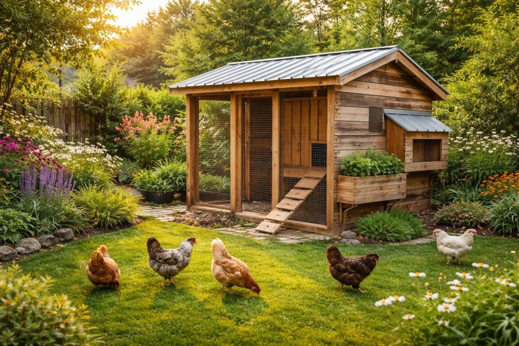 Élever des poules dans votre jardin rénové avec un poulailler design en bois de palettes recyclées