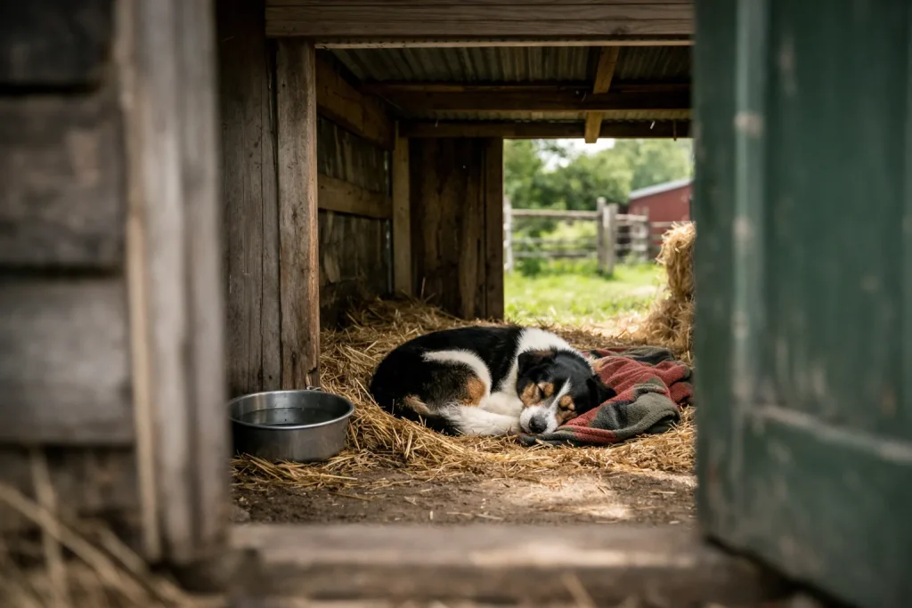 Un chien de ferme reste un chien : sommeil, abri et lien, même dehors