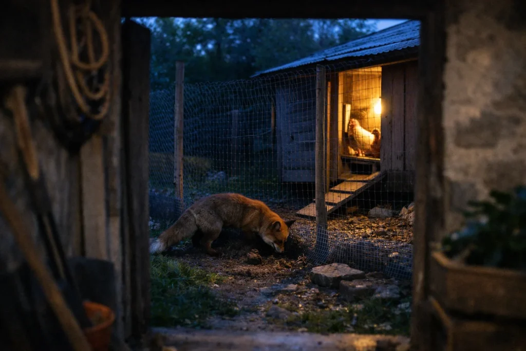 Le renard visite le poulailler la nuit : fermeture et grillage enterré