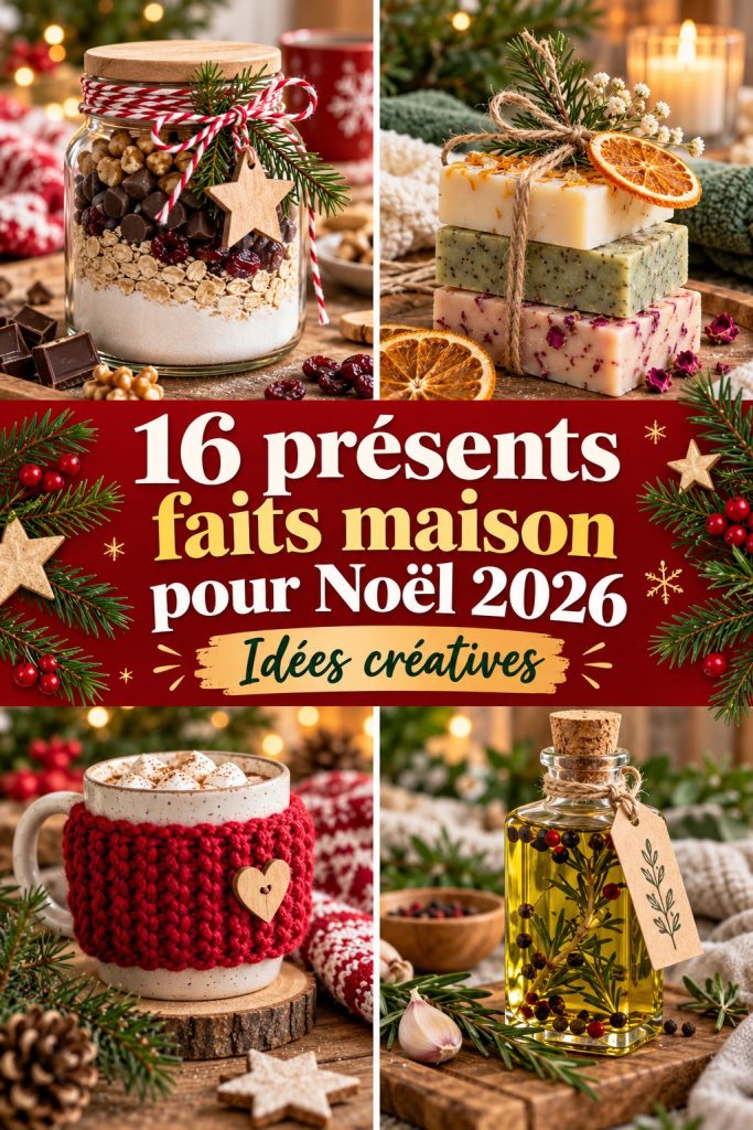 Cadeaux faits maison présentés sur une table de Noël, incluant des créations en tissu et en bois.