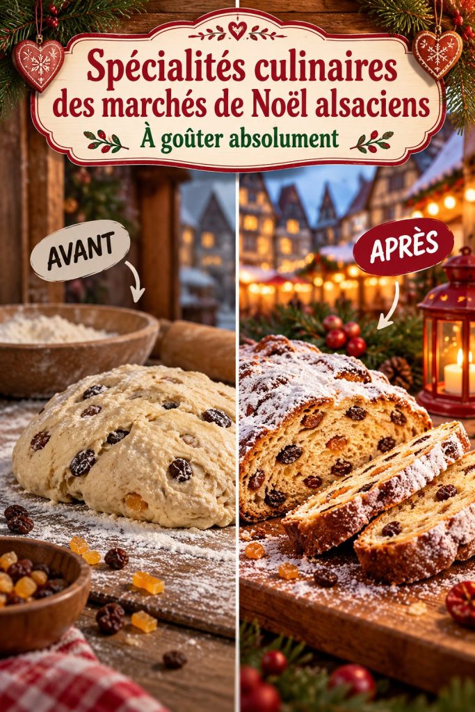 Stands de marché de Noël en Alsace avec des spécialités culinaires